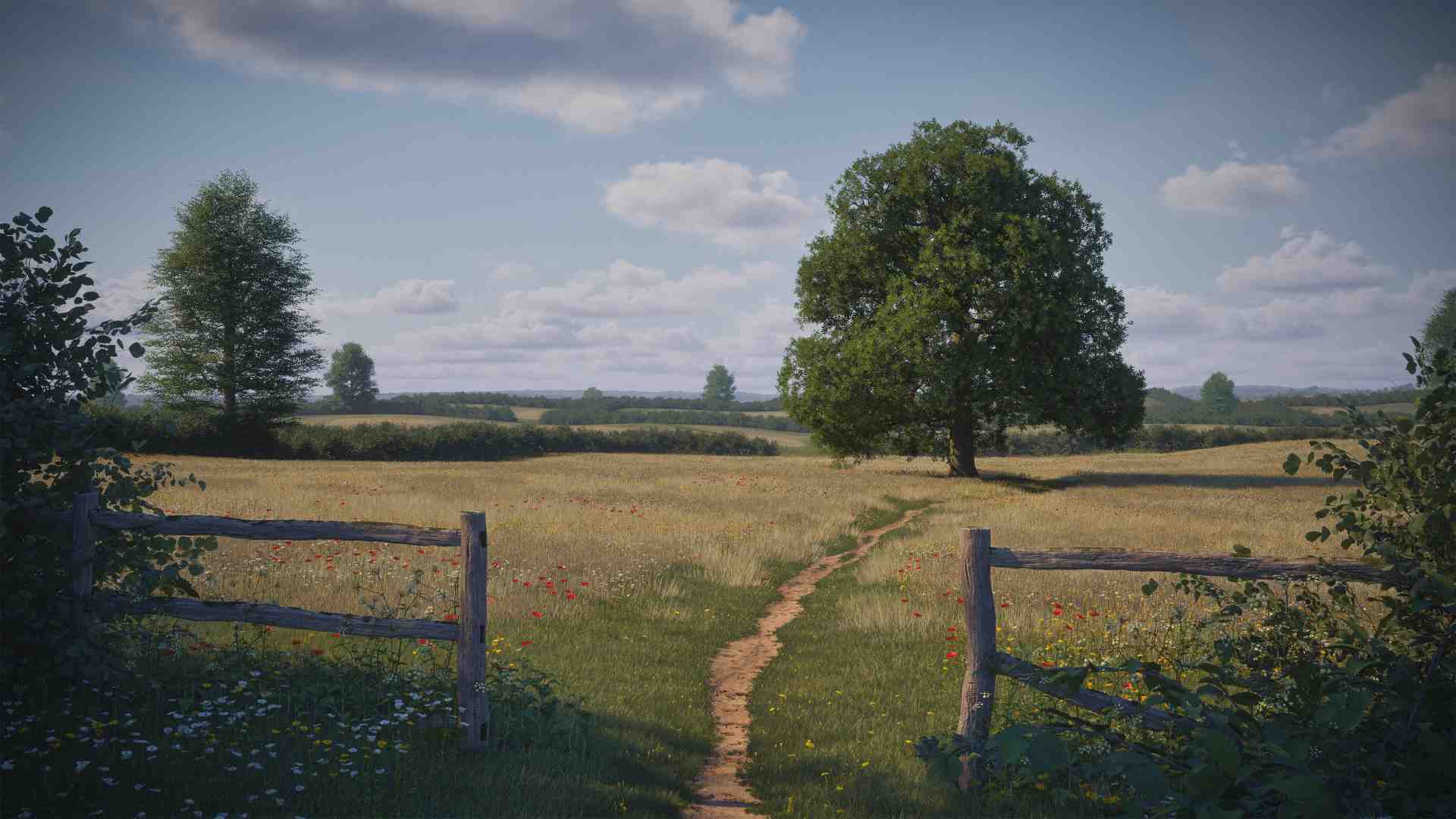 Green field with a tree, rendered with Natsura