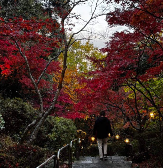 Photo of Feike walking down the stairs, surrounded by bright red fall foliage