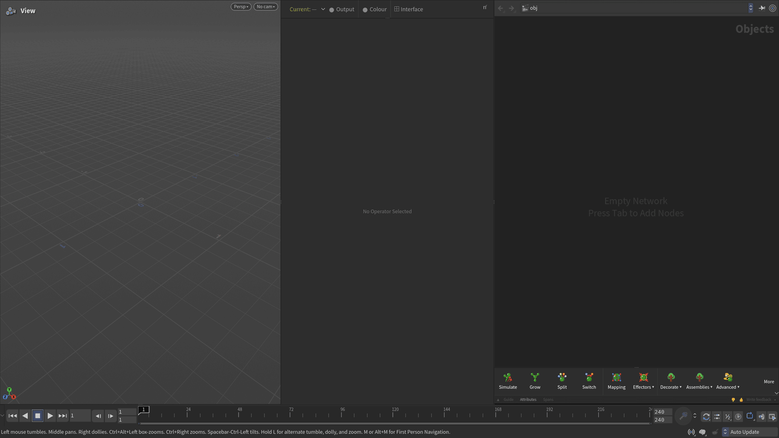 The empty Natsura interface in a fresh Houdini 22 session