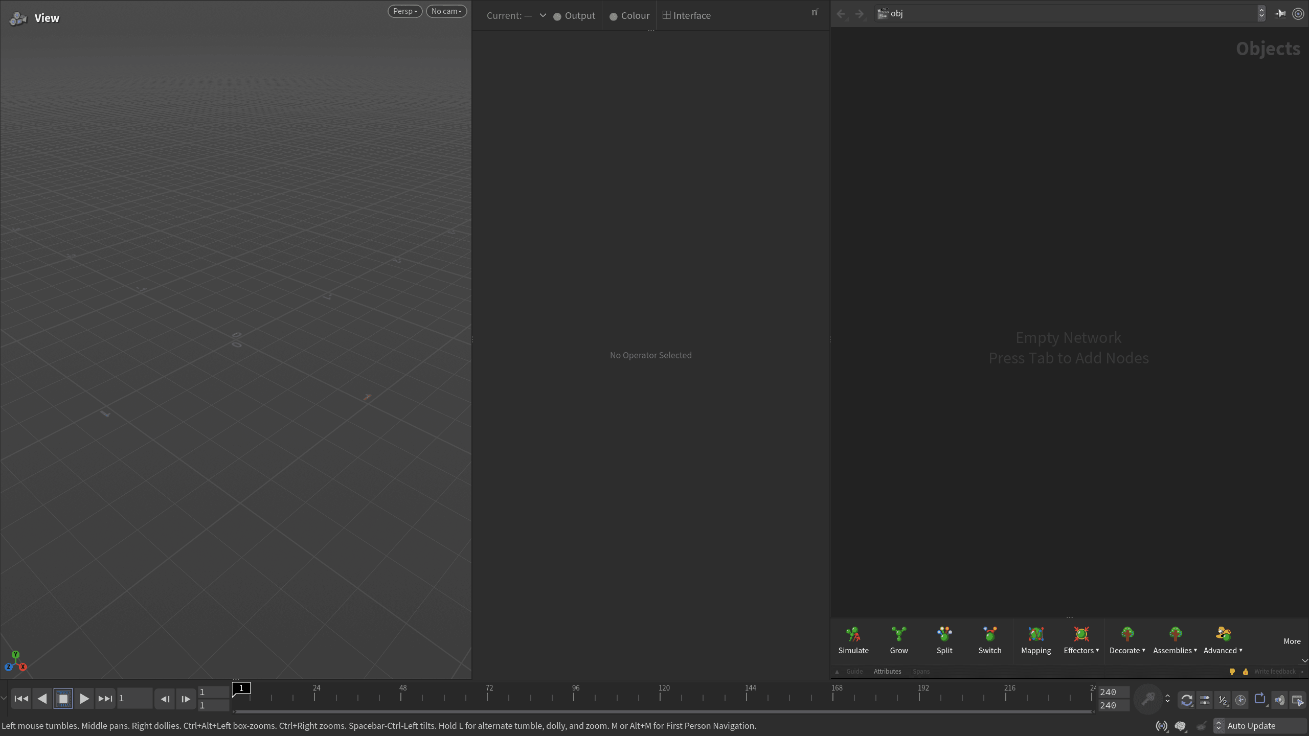 The empty Natsura interface in a fresh Houdini 22 session