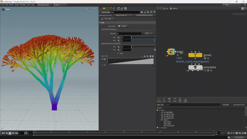 Basic tree parameters driven by a mapping graph in Houdini