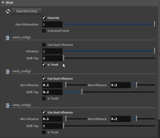 The export node's Wind section, with Override on and the values Unreal receives for each layer