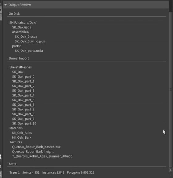 Output Preview on the export node, listing the files on disk and the Unreal assets for the oak