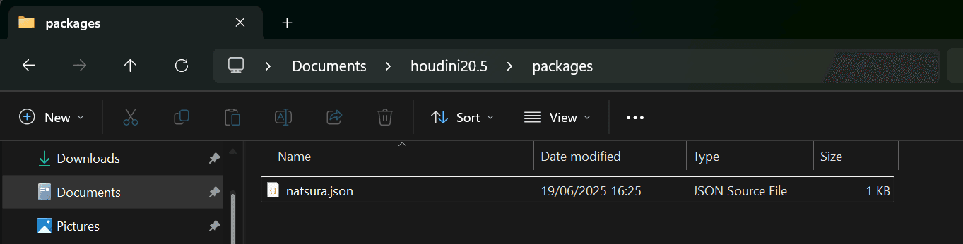The packages folder in Houdini's user folder, holding the Natsura package file